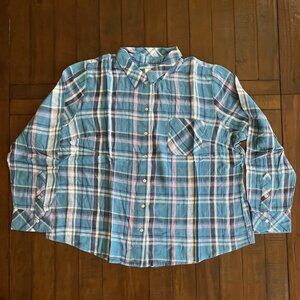 Candace Cameron Bure Linen Blend LS Collared Blue/Pink Plaid Shirt, Size LP
